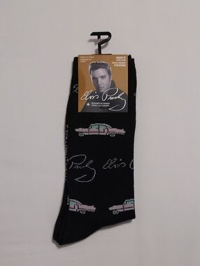 Elvis Presley Men’s Black w/ Pink Car Motif Novelty Socks NWT Fits Shoe Sz. 7-12